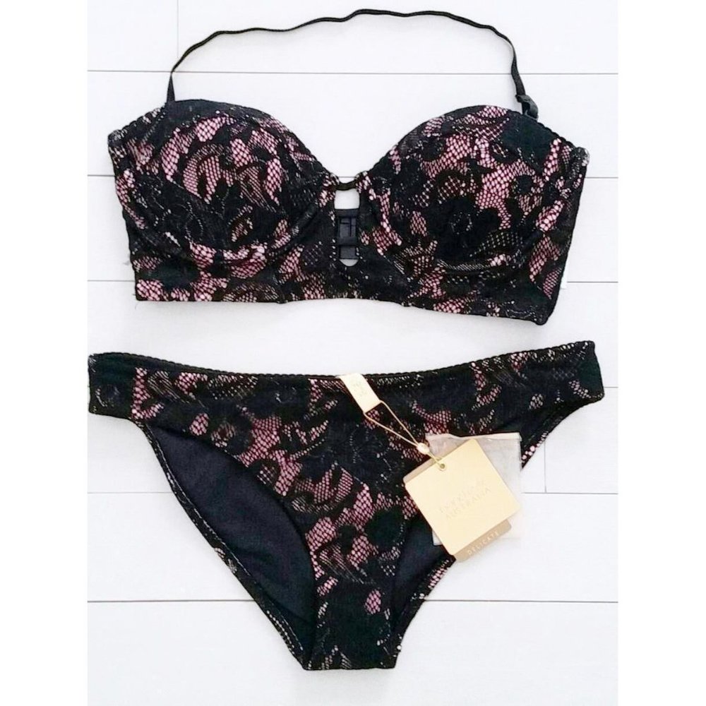 bond-eye Black and Pink Lace Overlay Bikini Set